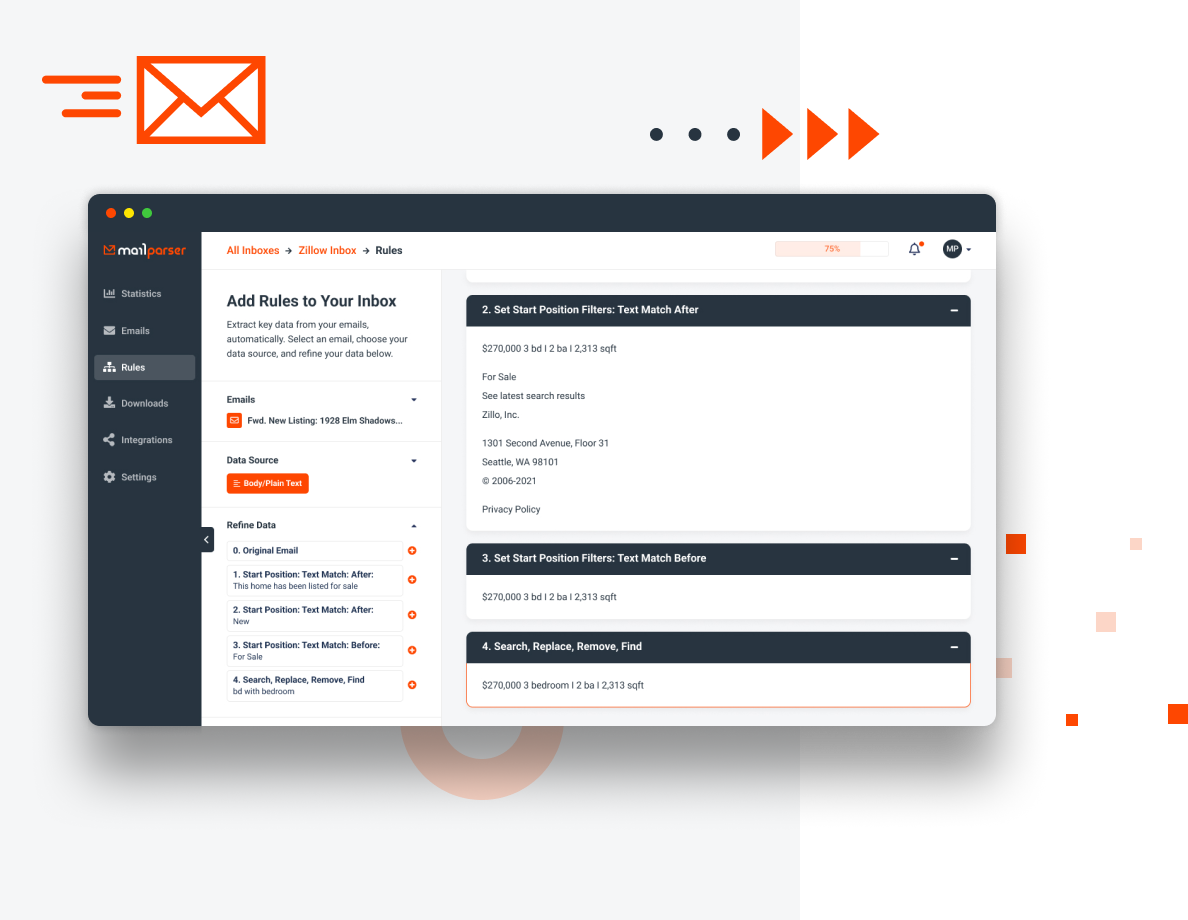Browser window displaying Mailparser Add Rules page